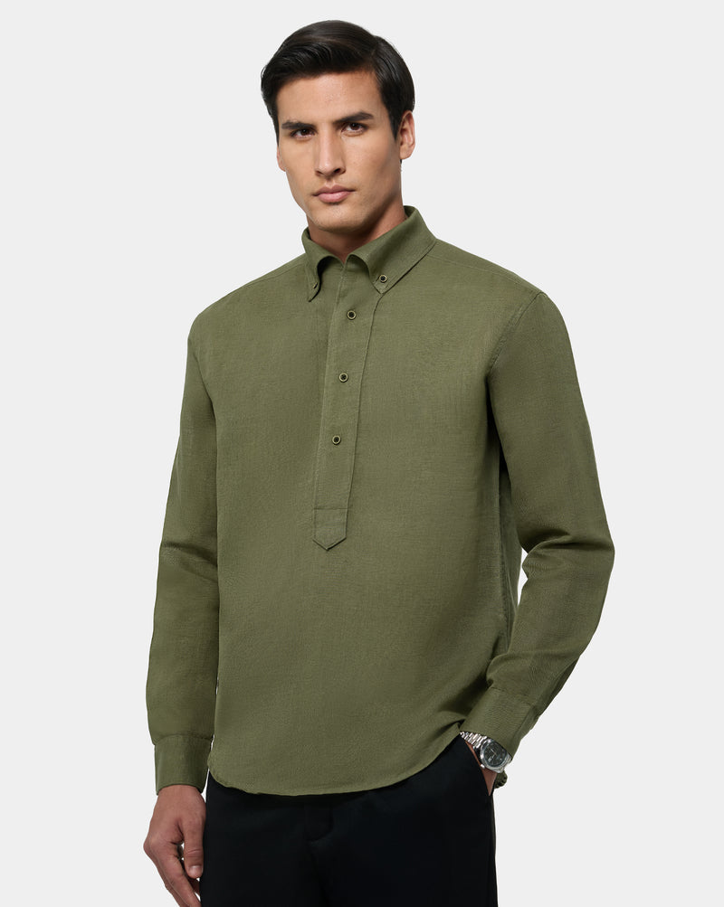 The Bastian Half Placket Linen Shirt Olive