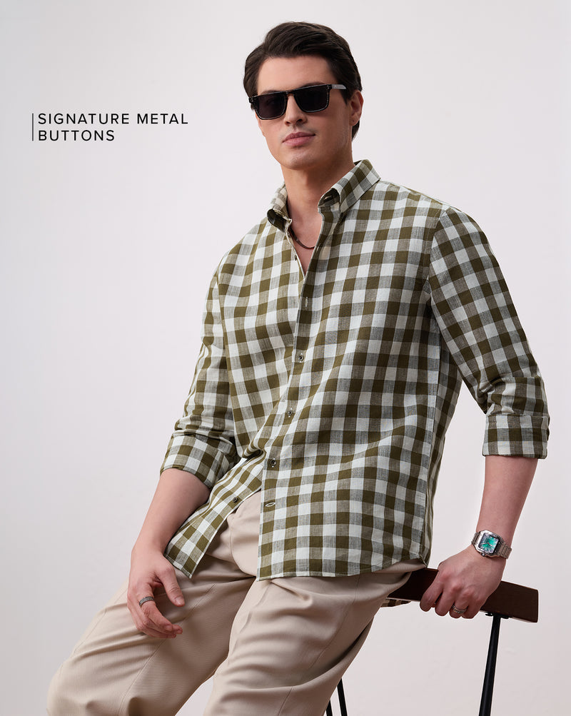 The Linen Checkerboard Shirt Wild Olive
