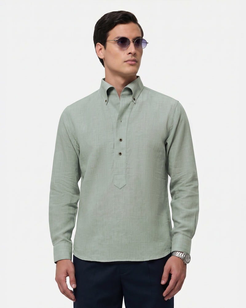 The Bastian Half Placket Linen Shirt Green Haze