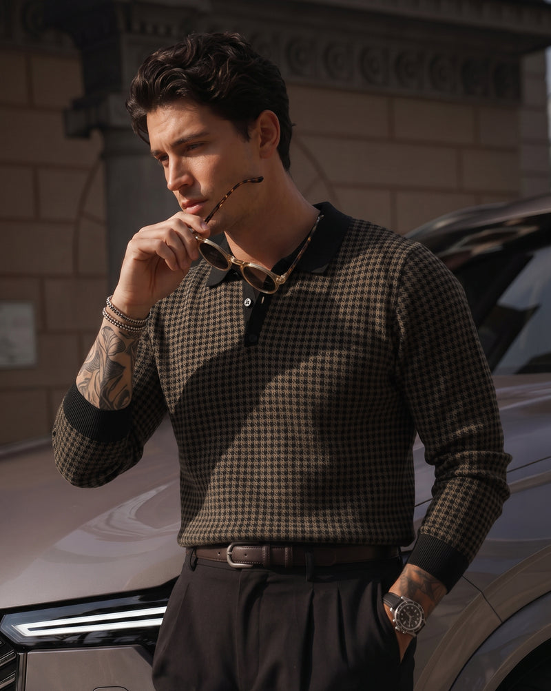 The Monarch Houndstooth Polo Sweater Sand