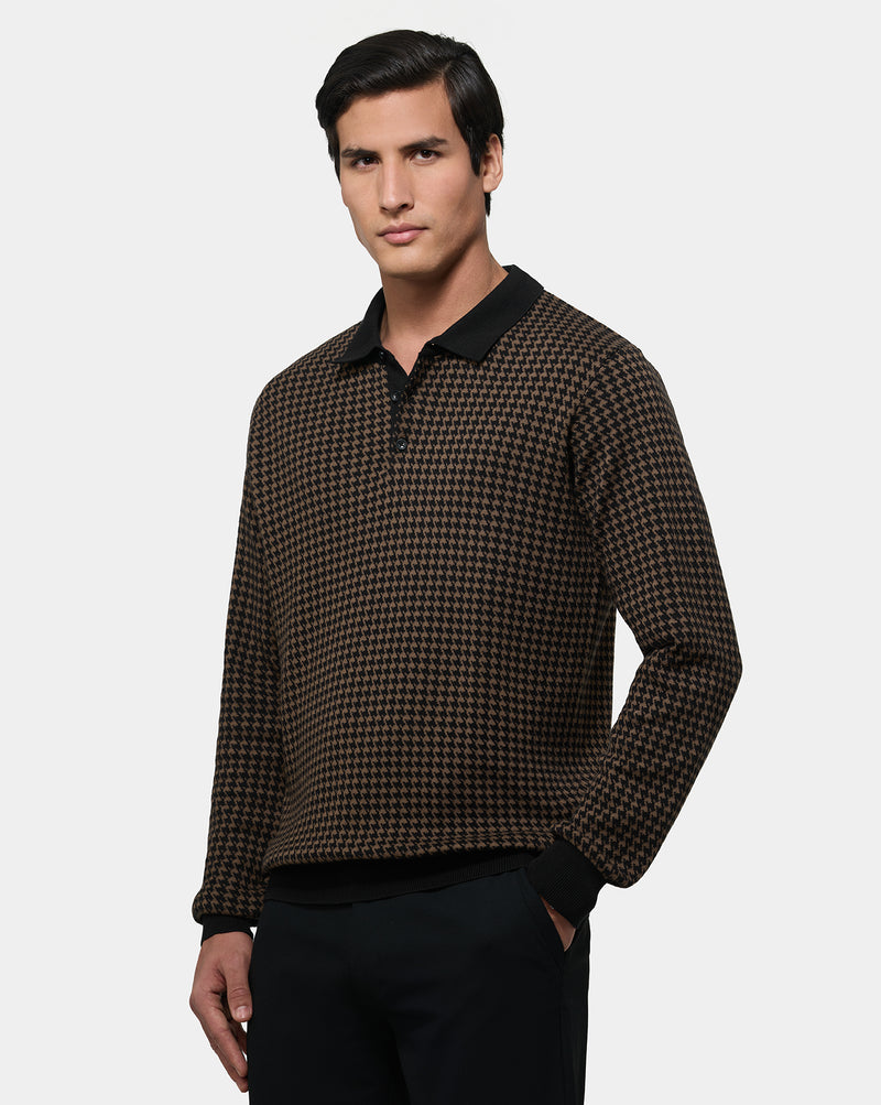 The Monarch Houndstooth Polo Sweater Sand